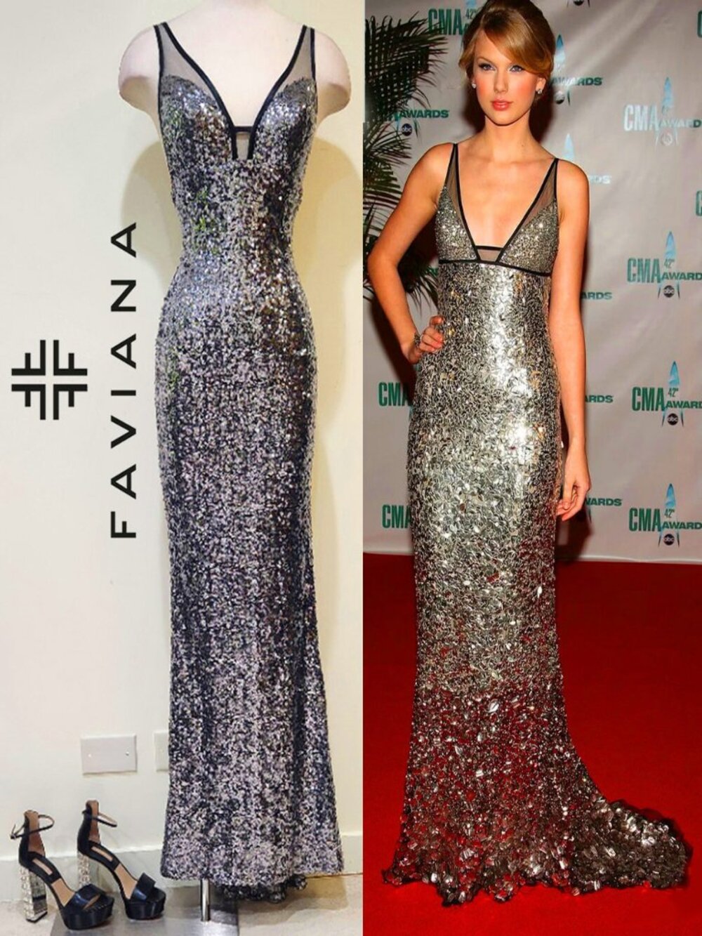 💥 BOMBSHELL!💥VTG Faviana Couture Silver Sequin & Black Mesh Fishtail Gown